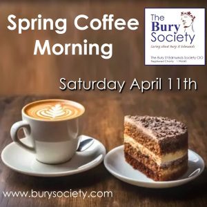 A coffee and a slice of cake on a table, beneath the words 'Spring Coffee Morning, Saturday April 11th'